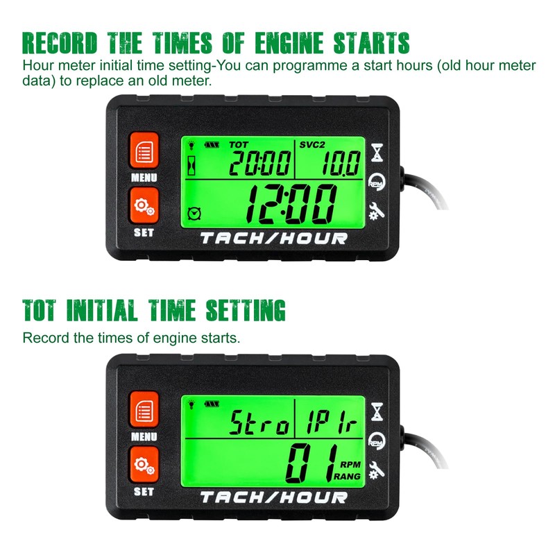 Yooreal Digital Hours Meter Tachometer,with Clips Backlight,Waterproof for Lawn Mower