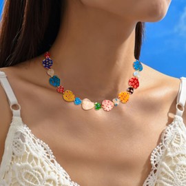 Ever Faith Rainbow Heart Choker Necklace Italian Colorful Love Heart Statement Necklaces for Summer Beach Holiday Jewellery