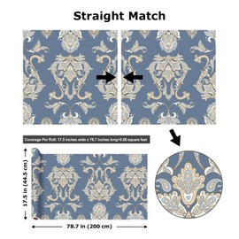 Skyblur Peel and Stick Wallpaper Paisley Boho Wall Paper Blue Contact Paper for Cabinets Drawers Kitchen Bathroom Removable Wall Covering for Living Room Waterproof Vinyl Vintage Wallpaper 17.5"×118"