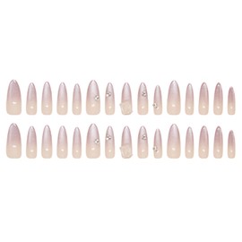 Hkanlre Almond French Press on Nails Long Cat Eyes Fake Nails Tips Full Cover Bling False Pink Nails for Women and Girls 24PCS