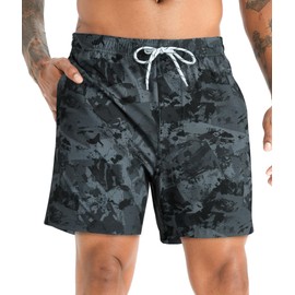 APTRO Men's Swimming Trunks Swim Shorts Board Shorts Short Quick-Drying Board Shorts 2 in 1 Beach Shorts with Inner Shorts, Grey Camouflage Mk323