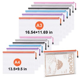 Jicsetk Mesh Zipper Pouch Bags,Zipper Bags for Organizing,12 Pcs(A3,A4 Size) Puzzle Bags for Travel Storage and Office School Supplies.