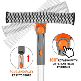 eazer Professional Window Squeegee, 2-in-1 Rotatable Squeegee for Window Cleaning Kit, Window Cleaner Tool, Window Washing Equipment Kit with Extension Pole (20''-30'') for Shower/Windshield - 2 Head