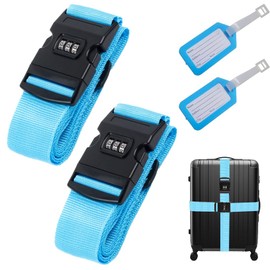 Pack of 2 Komoke Luggage Strap Eye-catching with Password Lock - Robust, Adjustable Travel Luggage Strap (5 x 200 cm) for Safe and Eye-catching Travel - Includes 2 Name Tags