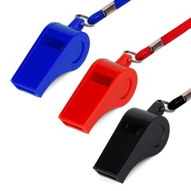 KINBOM 3pcs Plastic Whistles with Lanyard, Loud Sound Sport Whistle in Training Survival Emergency Sports for Referee Coach Teacher Dog Training (Red, Blue, Black)