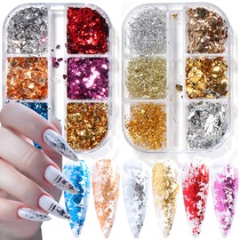 Nail Art Foil Glitter Flakes, Holographic Ultra-Thin Aluminum Foil Sequins Design, Metallic 3D Sparkly Nail Foils Acrylic Supplies for Women Girls Manicure Shiny Decorations, Gold Foil Nail Art Tips