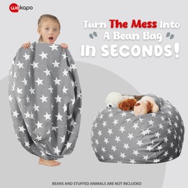 Wekapo Stuffed Animal Storage Bean Bag Chair Cover for Kids | Stuffable Zipper Beanbag for Organizing Children Plush Toys Large Premium Cotton Canvas (Grey star, X-Large)