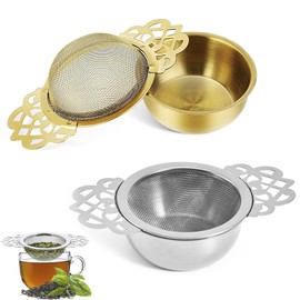 2 Pack Small Fine Mesh Tea Strainers with Bowl, Stainless Steel Mesh Tea Infuser, Silvery Tea Strainers for Loose Tea Single Cup (1 glod 1sliver)