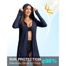 Soothfeel Women's UPF 50+ Swim Cover Up Sun Protection Hoodie SPF Lightweight Jacket Long Sleeve Beach Cover Ups for Women (Navy,M)