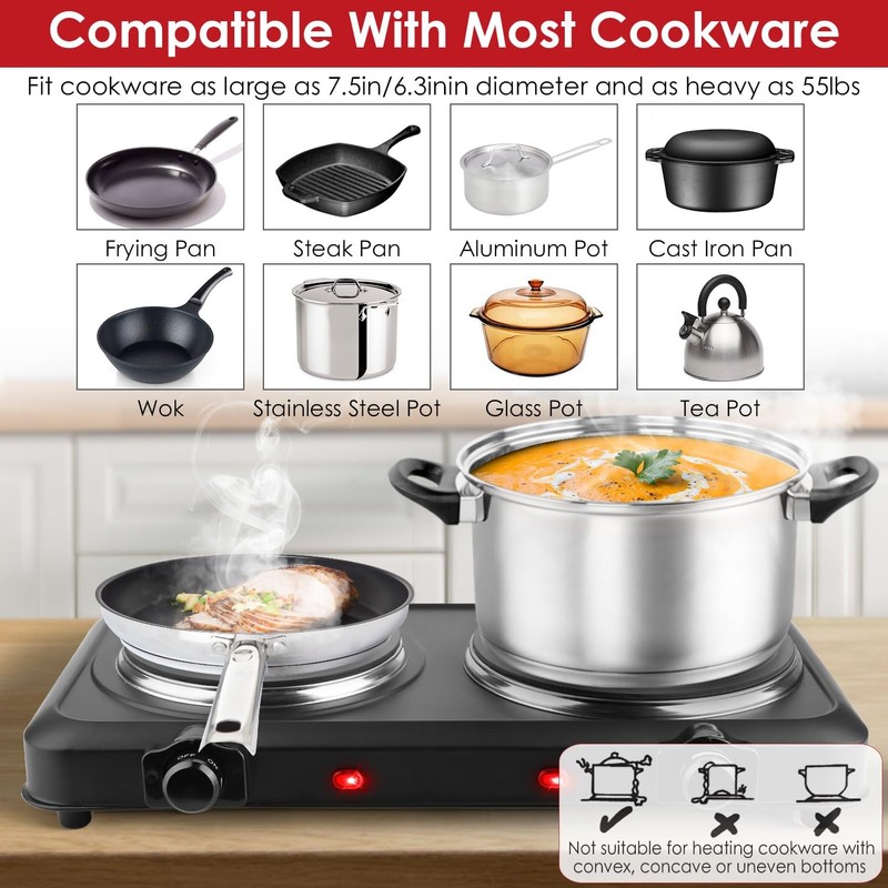 Wilytyres Electric Hot Plate, 2000W Infrared 2 Burner, Portable Dual