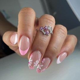 French Tip Press on Nails Medium Almond Fake Nails Pink False Nails with Flower Design Glue on Nails Cute Acrylic Nails Glossy Full Cover Stick on Nails for Women Spring Manicure 24Pcs