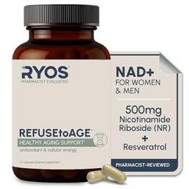 RYOS Suplemento NAD+ para mujeres y hombres – 500 mg de ribósido de nicotinamida (NR) con resveratrol y quercetina – Energía celular y envejecimiento 