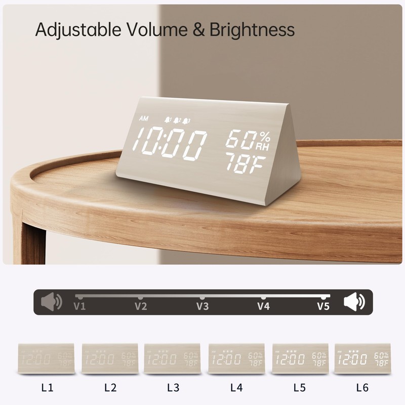 Digital Alarm Clock, with Wooden Electronic LED Time Display, 3