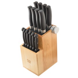 Bamboo Universal Knife Block - Knife Holder with 2 Built-In Knife Sharpeners - 2-Tiered Modern Knife Storage Up to 16 Large and Small Knives Easy Clean Wooden Knife Organizer by Kitchen Seven