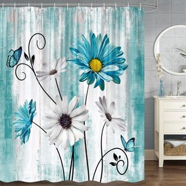 JAWO Shower Curtains, Teal Daisy Shower Curtain Farm Floral Shower Curtain Rustic Farmhouse Shower Curtain, Turquoise Blue Shower Curtain with Hooks, 72X72 Inches(Teal)