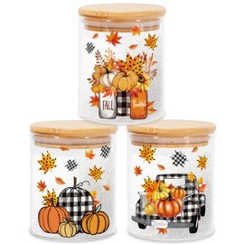 JarThenaAMCS 3Pcs Fall Glass Storage Jars with Airtight Bamboo Lid Pumpkin Truck Leaves Canisters Sets for Autumn Thanksgiving Home Kitchen Countertop Decoration