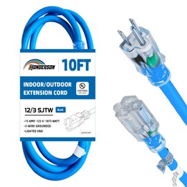 HONDERSON 10FT 12/3 Lighted Outdoor Extension Cord - 12 Gauge 3 Prong SJTW Heavy Duty Blue Extension Cable with 3 Prong Grounded Plug for Safety,UL Listed