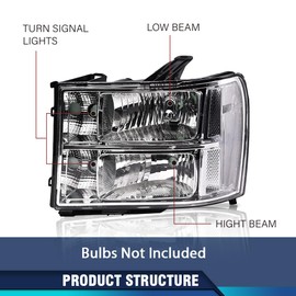 PIT66 Headlight Assembly, Compatible with 2007-2013 GMC Sierra 1500 2500HD 3500HD Driver & Passenger Side Pickup Truck Replacement Headlamp Clear Lens Chrome Housing Clear Reflector