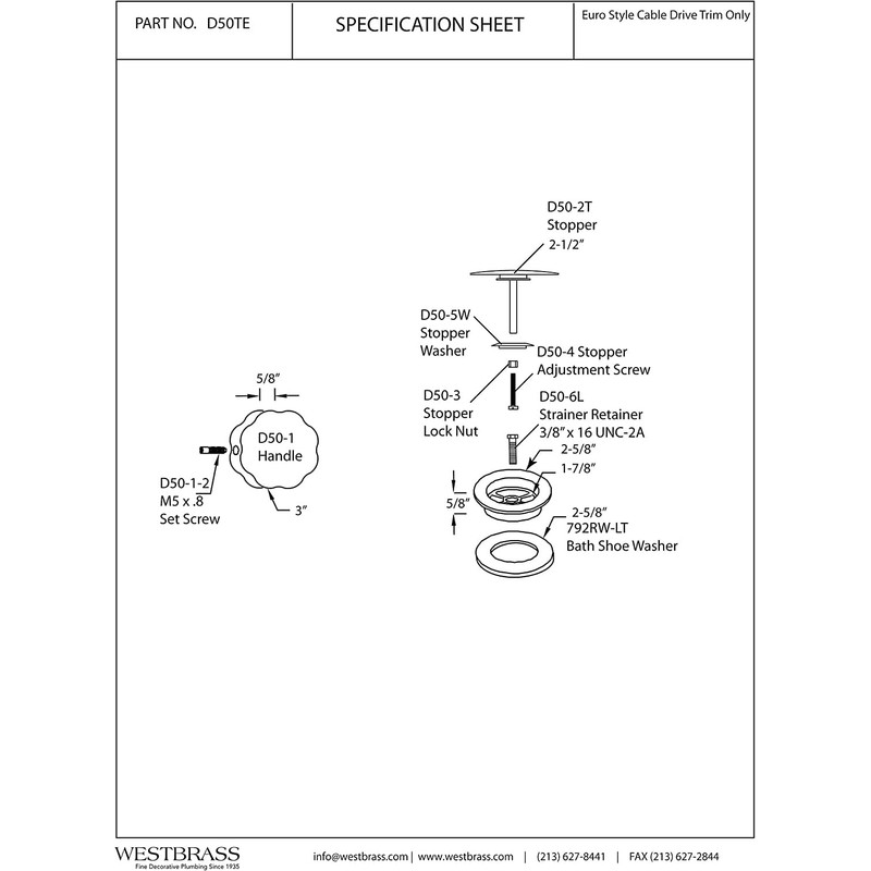 Westbrass D50TE-12A Standard 1-1/2" Replacement Trim for Cable Drive Bath