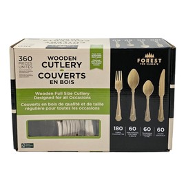 Forest for Climate Wooden Cutlery Set - 180 Forks, 60 Tablespoons, 60 Teaspoons & 60 Knives - 1 Set (360 Pieces)