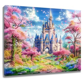 MEUNEAR Fantasy Castle Wall Art for Living Room,Fairy Tale Castle in Pink Tree Forest Canvas Wall Art Mountain Nature Landscape Pictures Wall Decor for Bedroom Bathroom Home Decor,12L X 16W inches