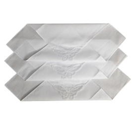 12 Ladies Plain White Handkerchief With A Butterfly Lace Corner, 11.5 inches Square, White