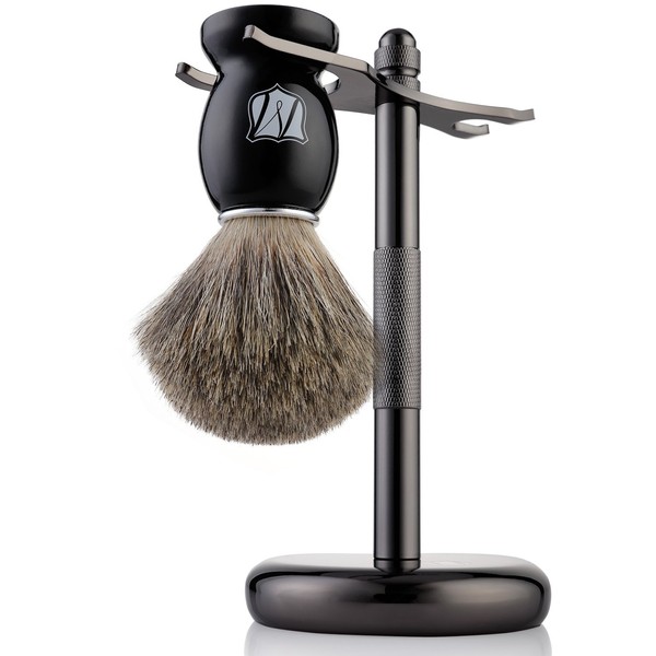Miusco Natural Badger Hair Shaving Brush and Stand Set, Dark Chrome, Black, Compatible with Safety Razor and Gillette Razor