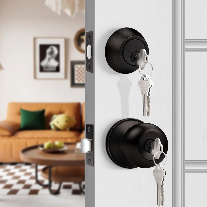 Probrico Oil Rubbed Bronze Door Knobs with Single Cylinder Deadbolts,