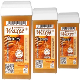 3 x 100ml roll on roller wax cartridge and 50 waxing strips Waxee (Wide roller (legs & body), Honey (with natural Beeswax))