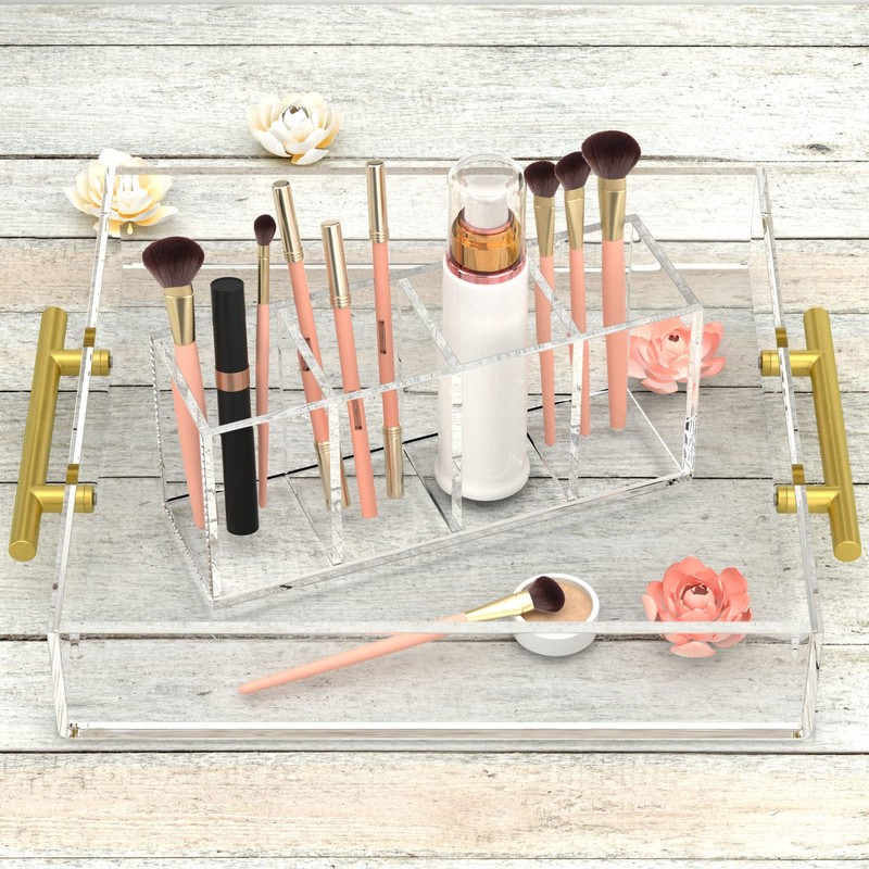 HIIMIEI Acrylic Pen Holder 4 Compartments Clear Makeup Brushes Holder