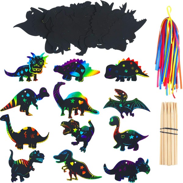 Outus 48 Pieces Dinosaur Scratch Picture Craft Art Set with 24 Pieces Wooden Pens and 48 Pieces Ribbons for Dinosaur Birthday Party Accessories