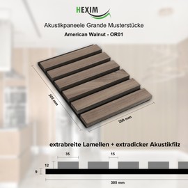 HEXIM Acoustic Panels Sample Piece Wall Panels Grande Slats XXL Wooden Panels Wall 21 mm Felt Sound Insulation Wood MDF Brown (American Walnut)