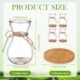 Glass Bulb Vases for Flowers Forcing Hyacinth Clear Decorative Bulb Vase with Round Bamboo Coaster for Home Office Table Decoration(4 Pcs)