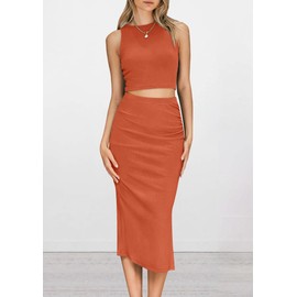 PRETTYGARDEN Women's 2 Piece Summer Outfits Crewneck Tank Tops Split Bodycon Midi Skirt Set (Orange,Small)