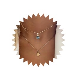Andelaisi Boho Layered Evil Eye Necklace Vintage Hamsa Pendant Necklace Gold Turkish Eye Choker Necklace Adjustable Hamsa Hand Chain Necklace Jewelry for Women