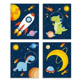 Dazzlewall 4 x Dinosaur Outer Space Wall Pictures, Cartoon Rocket Planet Pictures for Children's Room, Toddler, Boys, Room Decor, 20 x 25 cm, Unframed