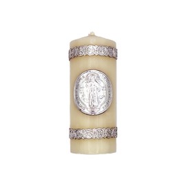 Velas Toscano - Cirio Devocional Elegante de San Benito Chico (5.1 * 12cm) 250 gr Medalla de Plata y Decoración en Cera Hecho a Mano para Protección