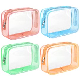 CarryEpic Clear Makeup Bag (4 Packs), TSA Approved Toiletry Bags for Traveling Small Size Cosmetic Storage Pouches for Women Organizer with Zipper Pink Orange Green Blue