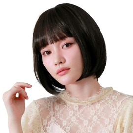 Priscilla Wig, Full Wig, All Wig, More, Silky Bob, Short Bob, Short Curl, Women's Wig, Heat Resistant, Natural Bob [A-703] (with hair net) (Chocolat Black)