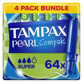 Tampax Tampax Compak Pearl Tampons, Super with Applicator, 64 Tampons (16 x 4 Packs), Leak Protection and Discretion