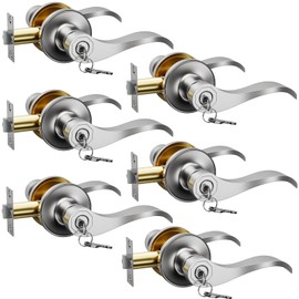 AmzGod 6 Pack Entry Door Handle with Lock and Key, Keyed Different Door Levers Interior Exterior Handle Lock,Front Entrance for Bedroom Wave Style Lever Handles, Satin Nickel Door Lock