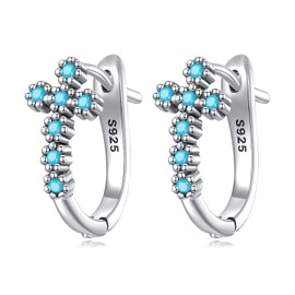 Shysnow Turquoise Cross Hoop Earrings 925 Sterling Silver Dainty Crosses Cubic Zirconias Huggies Studs for Women