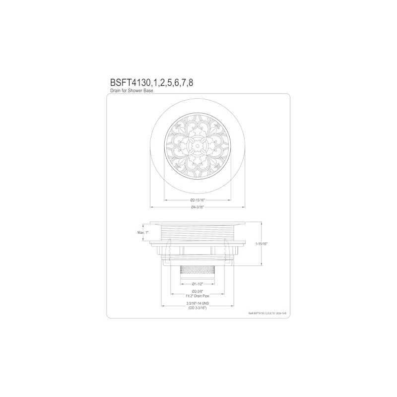 Kingston Brass BSFT4135 Watercourse 4-1/4" Round Brass Shower Base Drain,