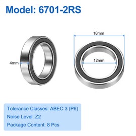 sourcing map 8pcs 6701-2RS Deep Groove Ball Bearings 12x18x4mm Chrome Steel Bearing Double Sealed Precision Bearings, P6(ABEC3)