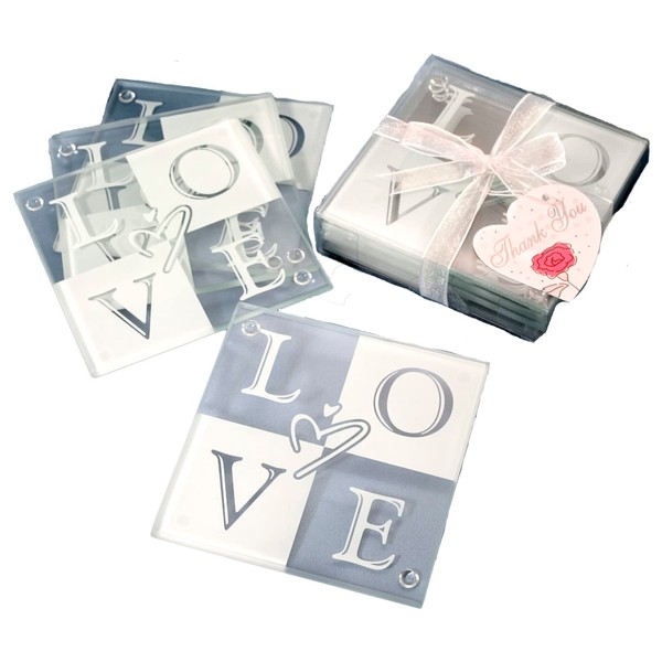 FASHIONCRAFT Love Glass Coaster Set of 4, Pack of 1 - Love Party Favors, Event Favors