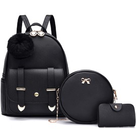 I IHAYNER Mini Leather Backpack Purse for Teen Girls 3-Pieces Fashion Backpack Cute Travel Daypacks Women Pompom Backpack Shoulder Bag Black