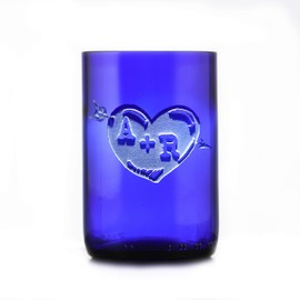 Blue Recycle Wine Bottle Glass, Engraved Heart Arrow Initials Tumbler Set Of 2