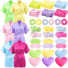 Fanfanwin 36 Pcs Sleepover Party Supplies 6 Spa Robes Nightgowns 6 Throw Blanket 6 Heart Pillows 6 Sleep Eye Mask 6 Headband 6 Scrunchies for Spa Slumber Party Favors Supplies