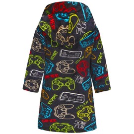 Boys Fleece Robe, Hooded Toddler Soft Fuzzy Bathrobe for Kids 2-16 Years Black Gamepad 9-12 Years