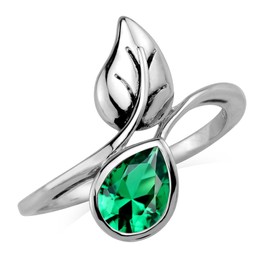 Silvershake Created Pear Shape Nano Green Emerald 925 Sterling Silver Leaf Vintage Inspired Solitaire Bypass Ring May Gemstone Birthstone Size 11